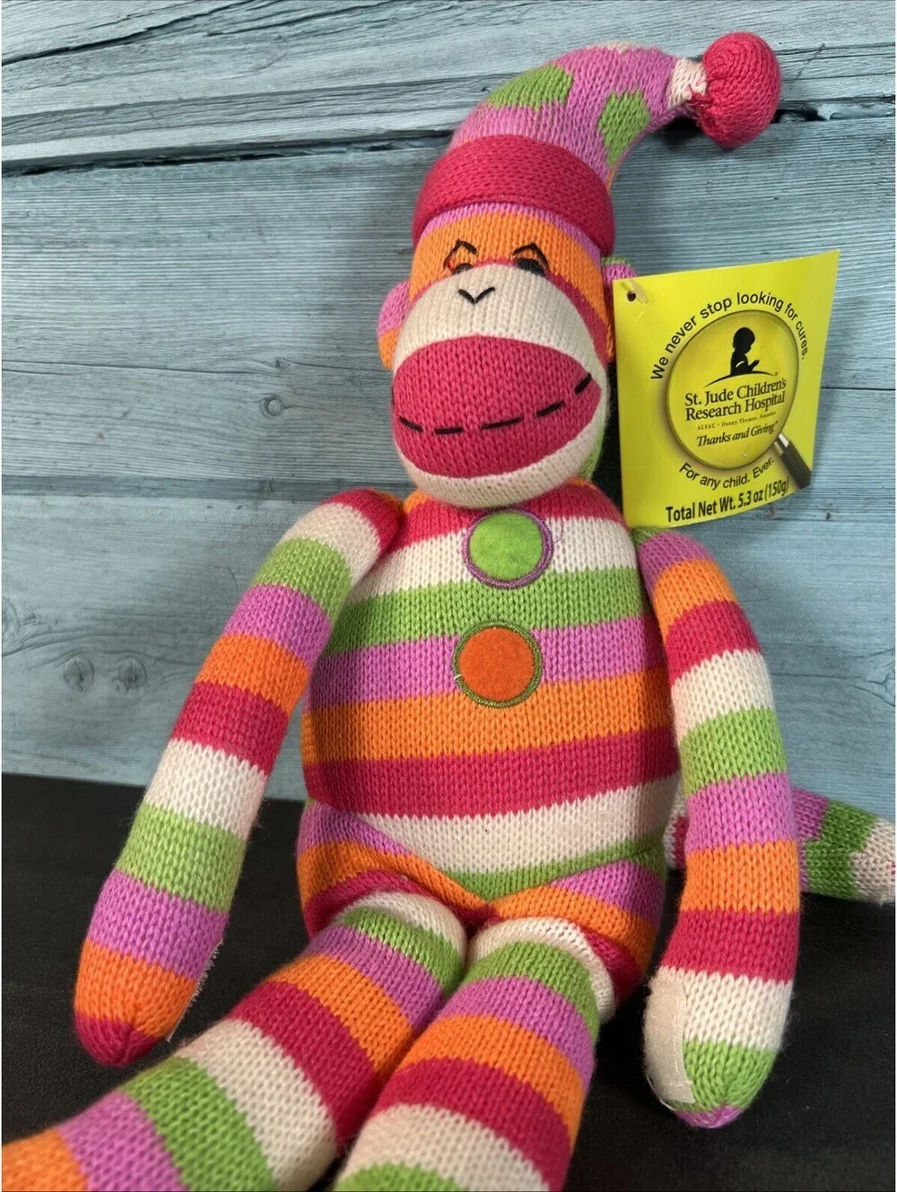 Sock Monkey Knit Pink Orange Green Stripe Clown Hat 20